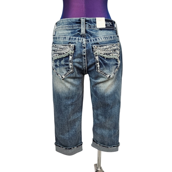 NWT Grace in LA‎ Embellished & Faded Stretch Denim Capri Pants Rolled Cuff B111 - Picture 6 of 10